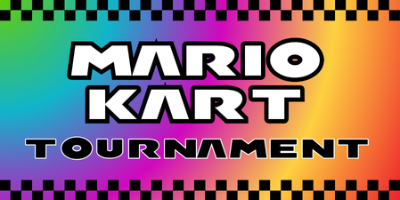 rainbow background with checkered racing boarder and title of event